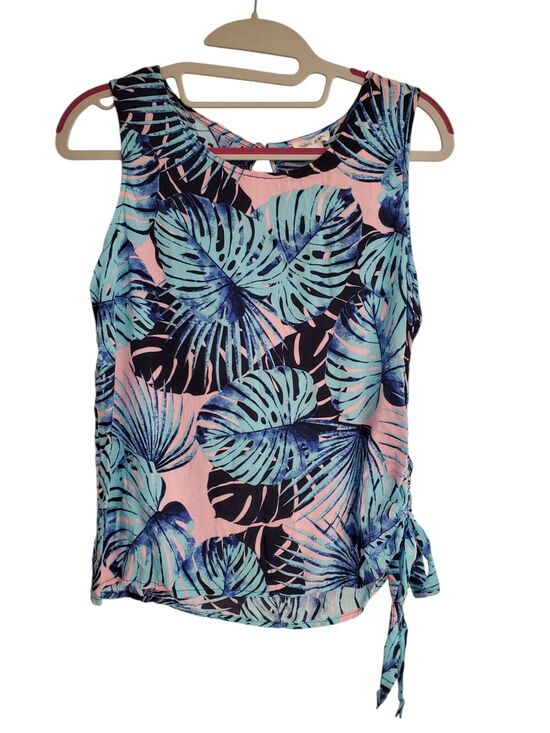 Tribal Tops - Women's Tribal Jeans Blue & Pink Tropical Jungle Floral Side Tie Tank | Size PS